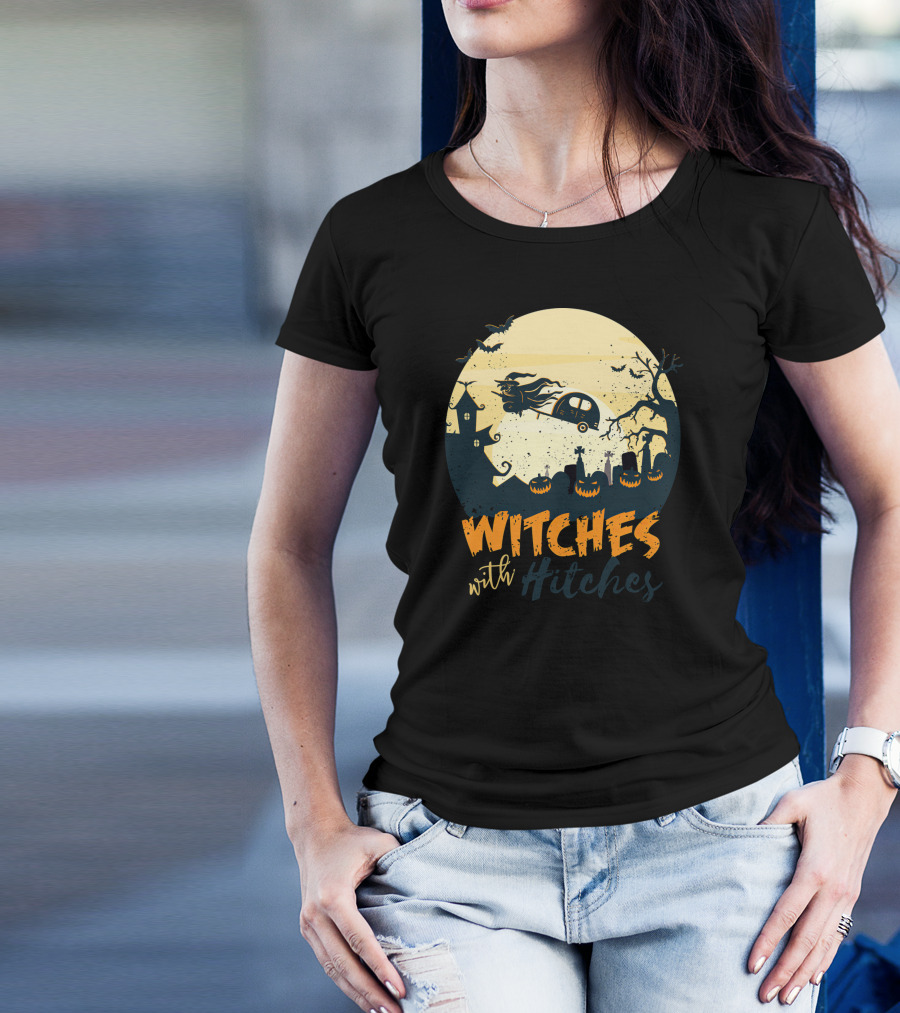 Witches With Hitches Halloween Camper Scene With Flying Broomstick And Spooky Graveyard T-Shirt