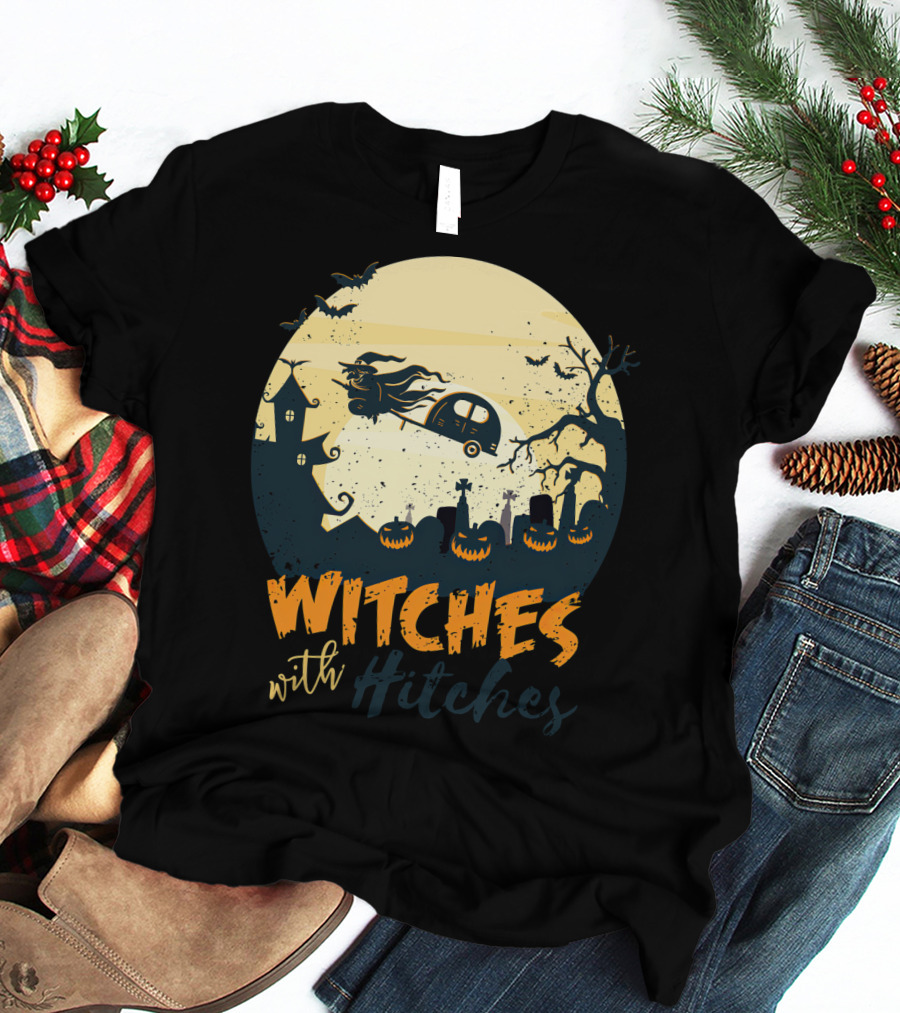 Witches With Hitches Halloween Camper Scene With Flying Broomstick And Spooky Graveyard T-Shirt