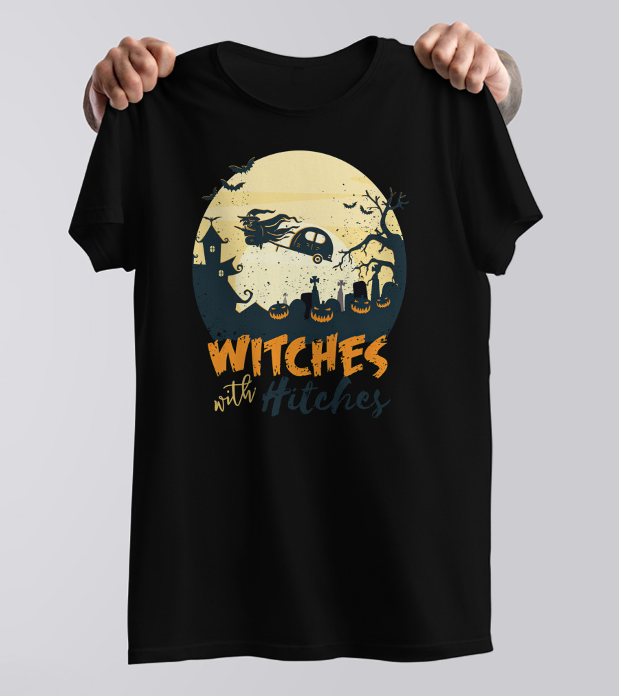 Witches With Hitches Halloween Camper Scene With Flying Broomstick And Spooky Graveyard T-Shirt