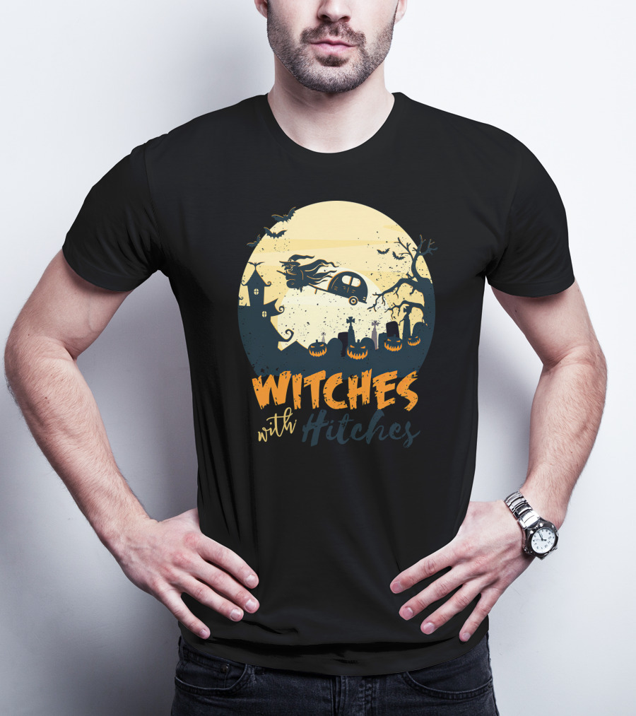 Witches With Hitches Halloween Camper Scene With Flying Broomstick And Spooky Graveyard T-Shirt
