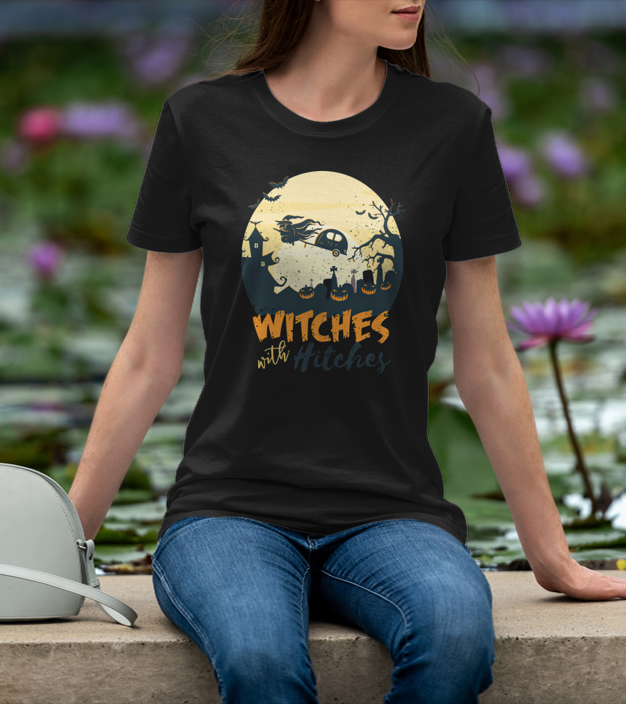 Witches With Hitches Halloween Camper Scene With Flying Broomstick And Spooky Graveyard T-Shirt