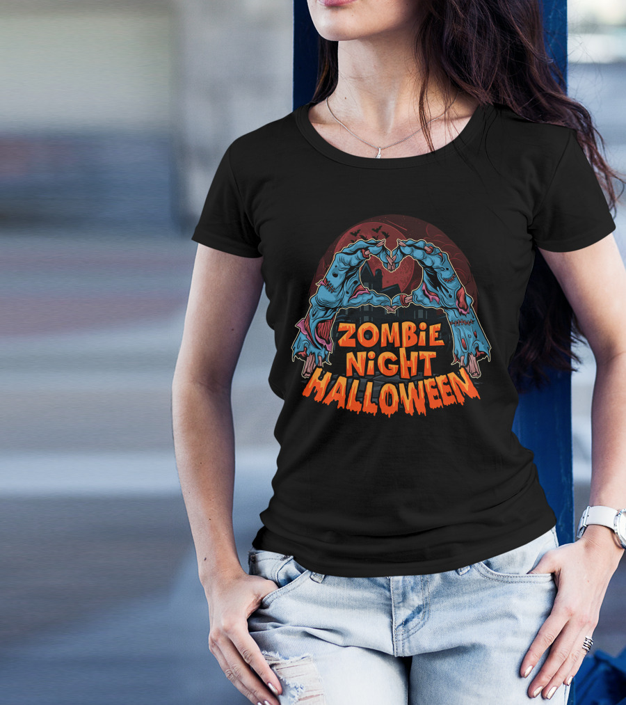 Zombie Night Halloween Undead Hands Haunted Moon T-Shirt