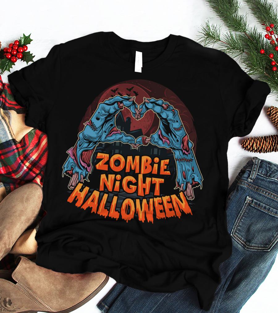 Zombie Night Halloween Undead Hands Haunted Moon T-Shirt
