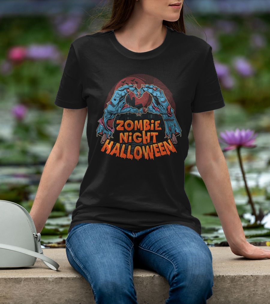 Zombie Night Halloween Undead Hands Haunted Moon T-Shirt