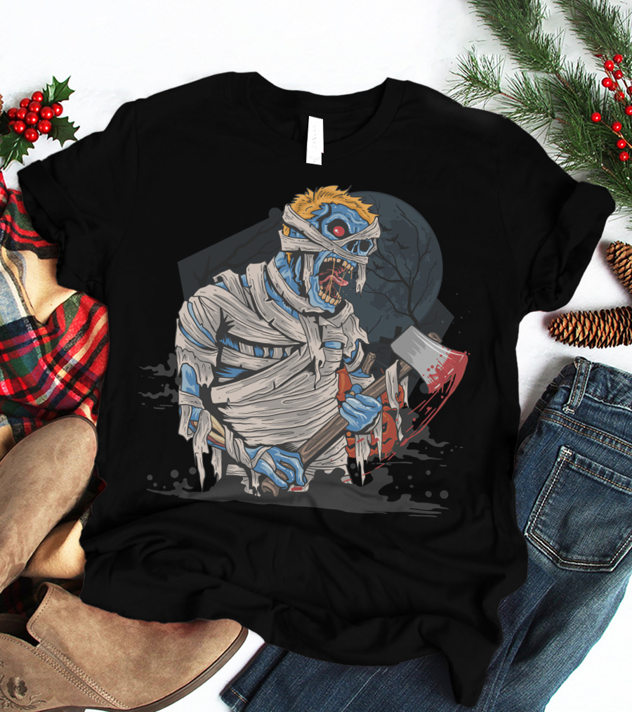 Zombie With Bloody Axe And Tattered Mummy Wrappings Under Full Moon T-Shirt