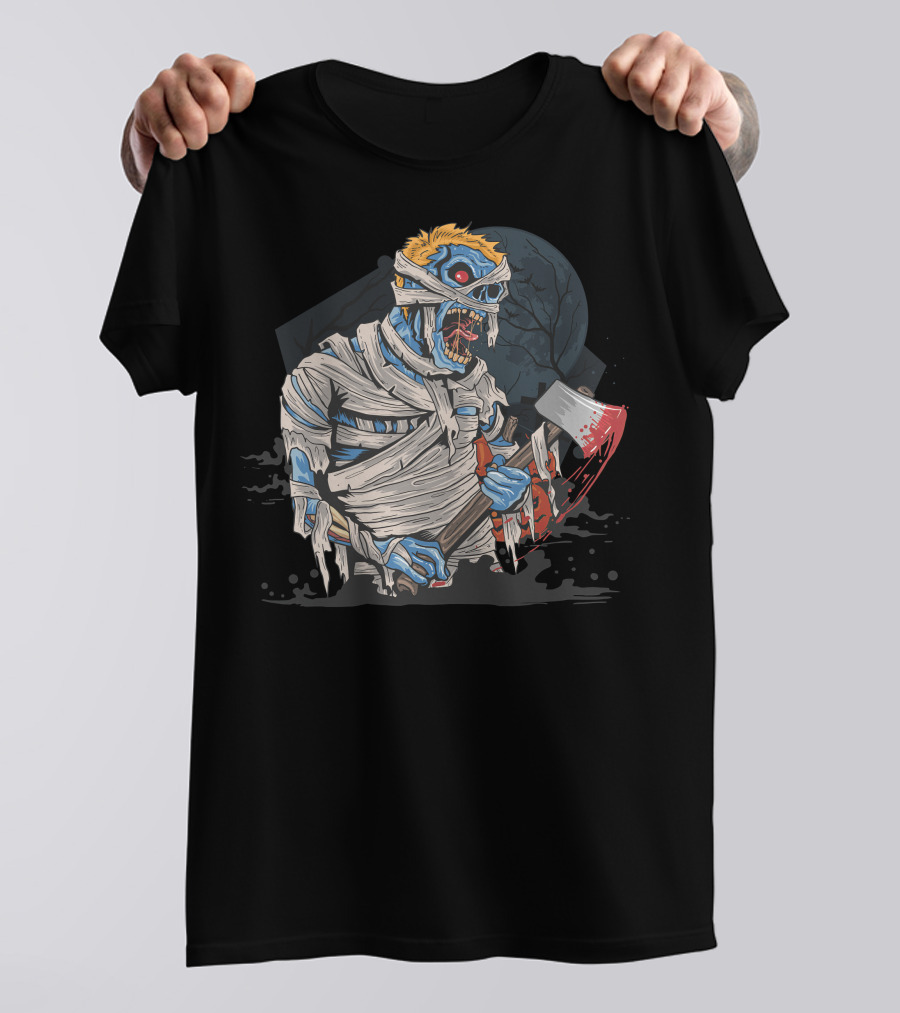 Zombie With Bloody Axe And Tattered Mummy Wrappings Under Full Moon T-Shirt