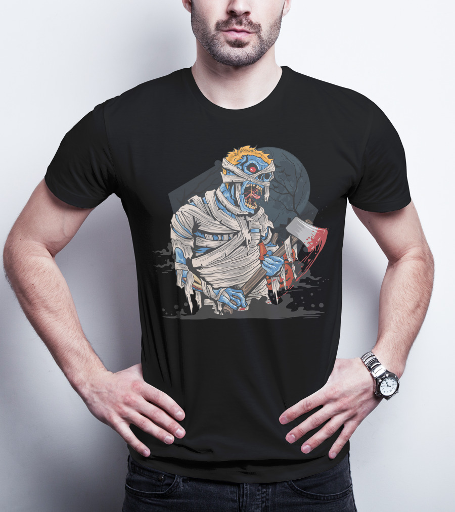 Zombie With Bloody Axe And Tattered Mummy Wrappings Under Full Moon T-Shirt
