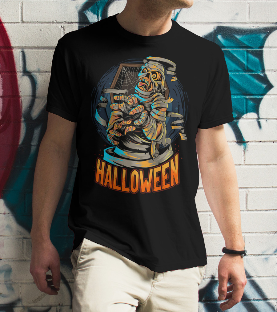 Halloween Scary Mummy With Web And Coffin T-Shirt