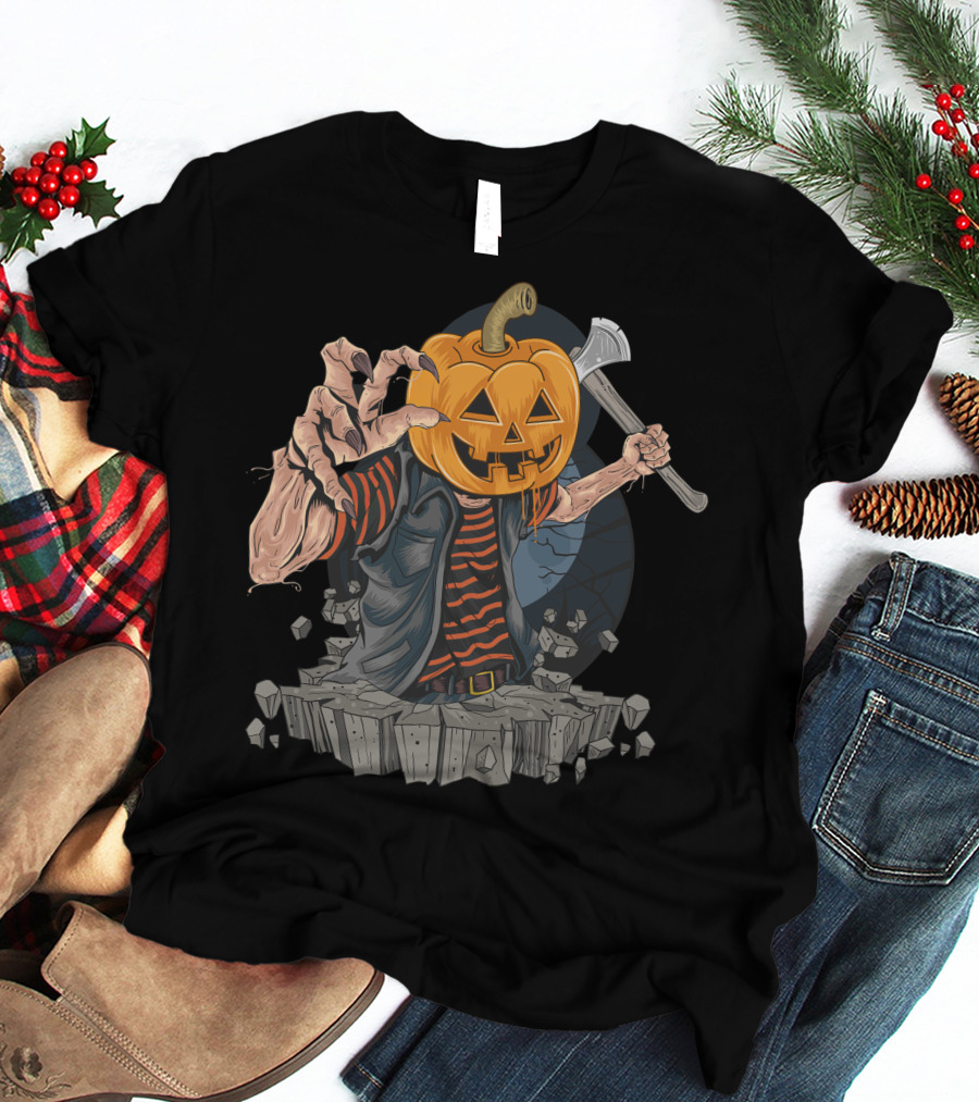 Pumpkin Head Zombie With Axe And Striped Shirt Emerging From Ground T-Shirt