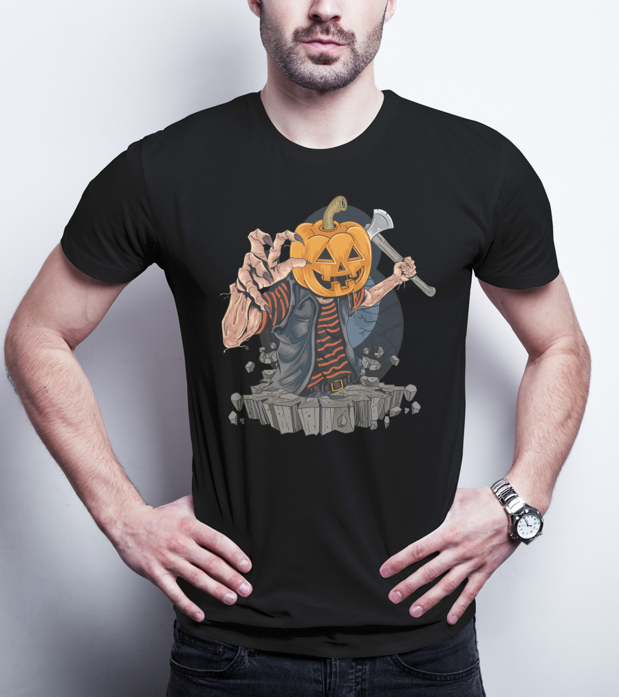 Pumpkin Head Zombie With Axe And Striped Shirt Emerging From Ground T-Shirt