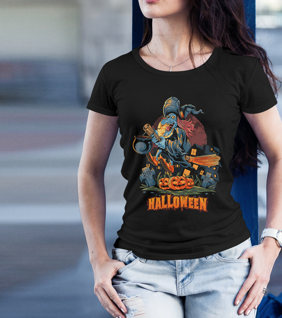 Spooky Halloween Witch Riding Broomstick With Pumpkins And Graveyard T-Shirt