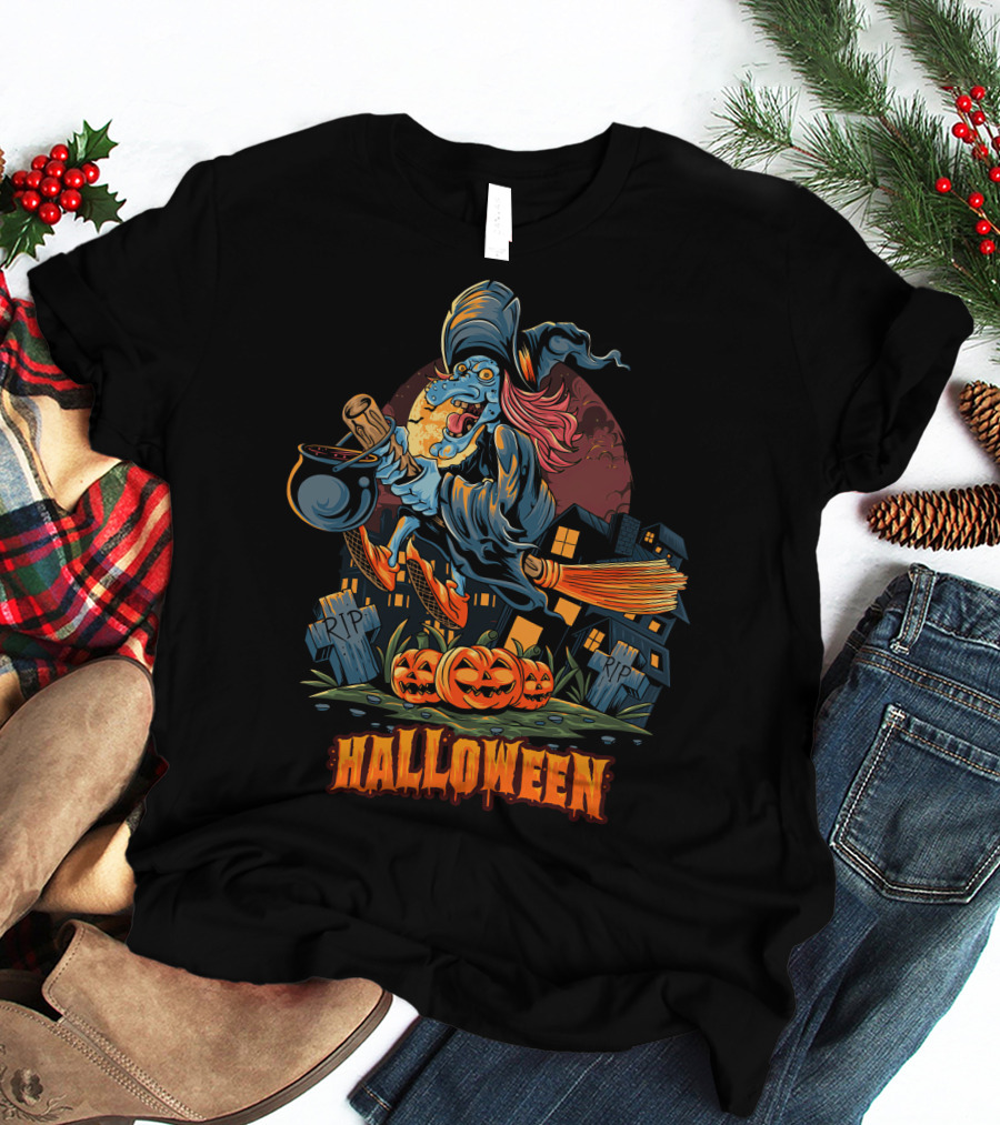 Spooky Halloween Witch Riding Broomstick With Pumpkins And Graveyard T-Shirt