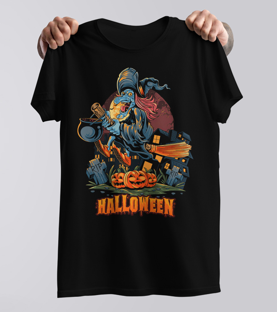 Spooky Halloween Witch Riding Broomstick With Pumpkins And Graveyard T-Shirt