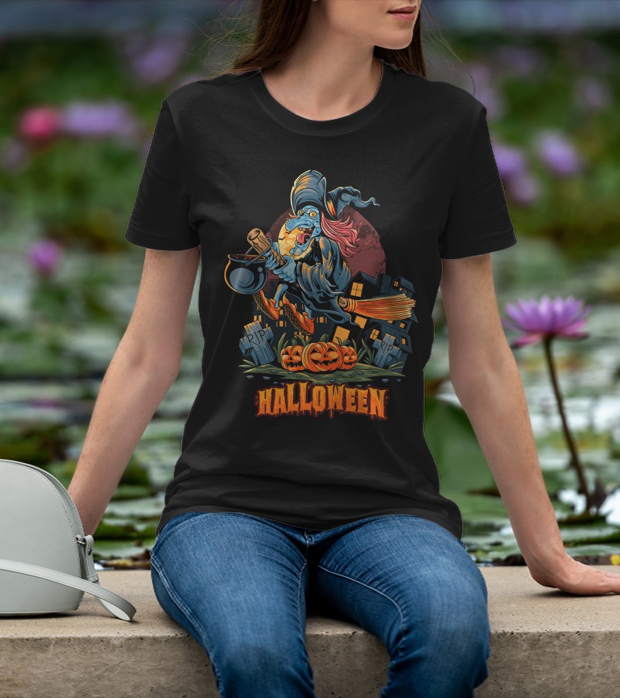 Spooky Halloween Witch Riding Broomstick With Pumpkins And Graveyard T-Shirt