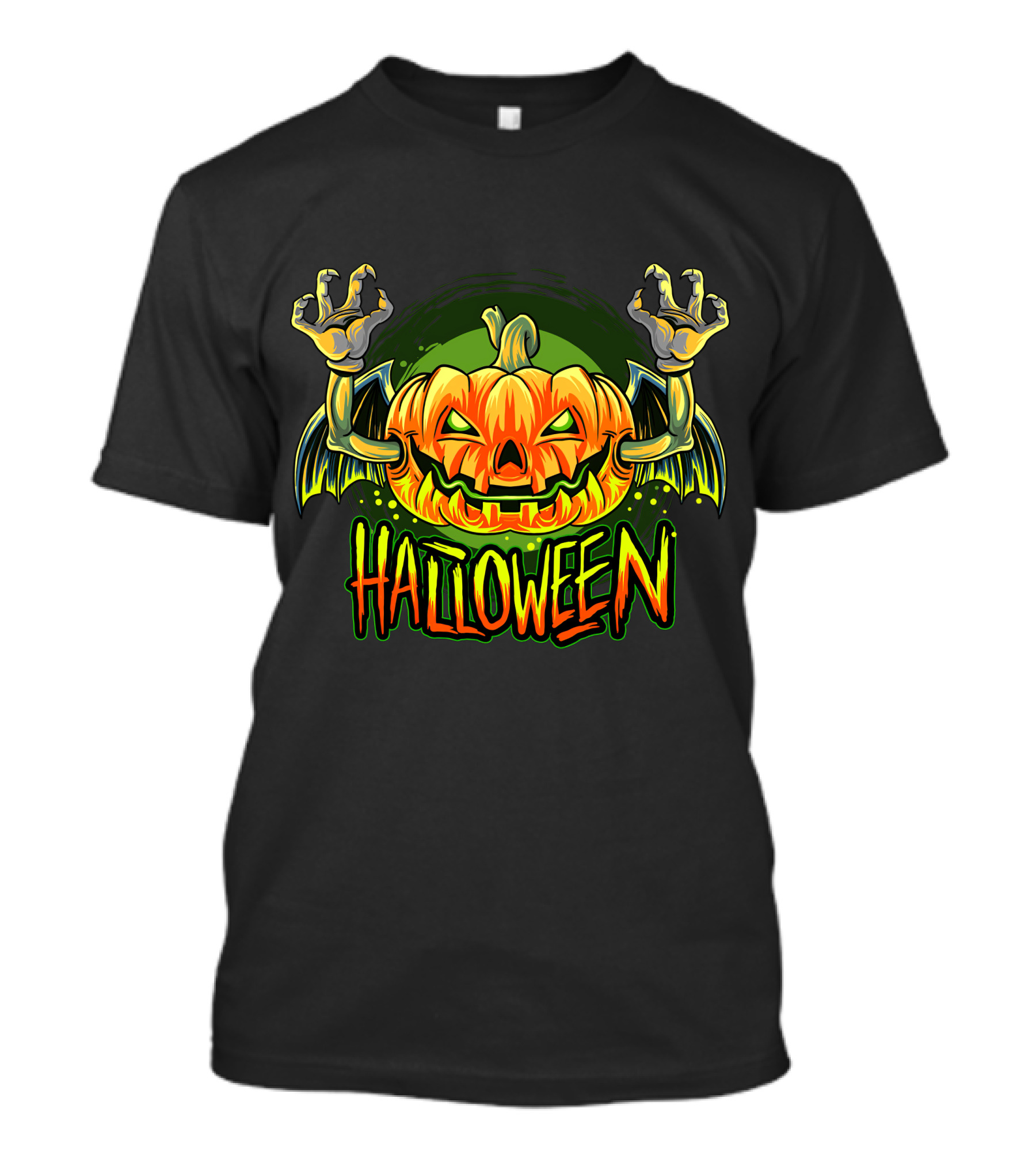 Halloween Pumpkin With Bat Wings And Zombie Hands T-Shirt