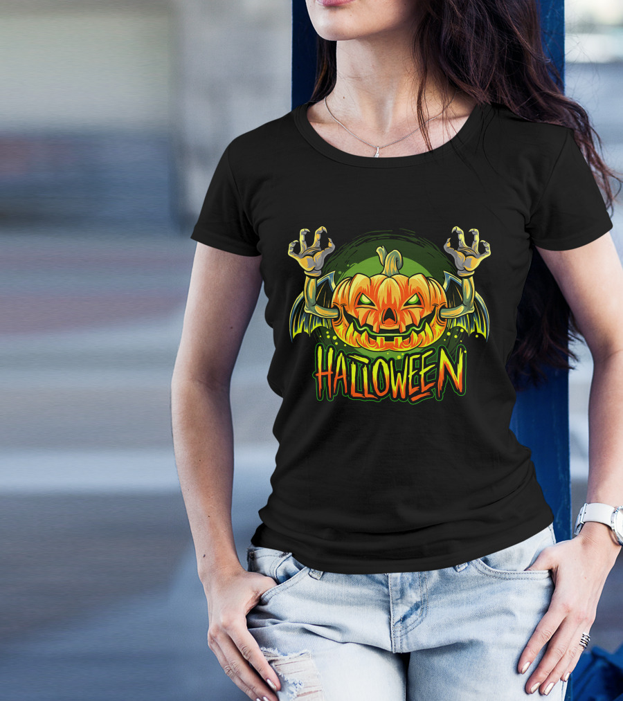 Halloween Pumpkin With Bat Wings And Zombie Hands T-Shirt