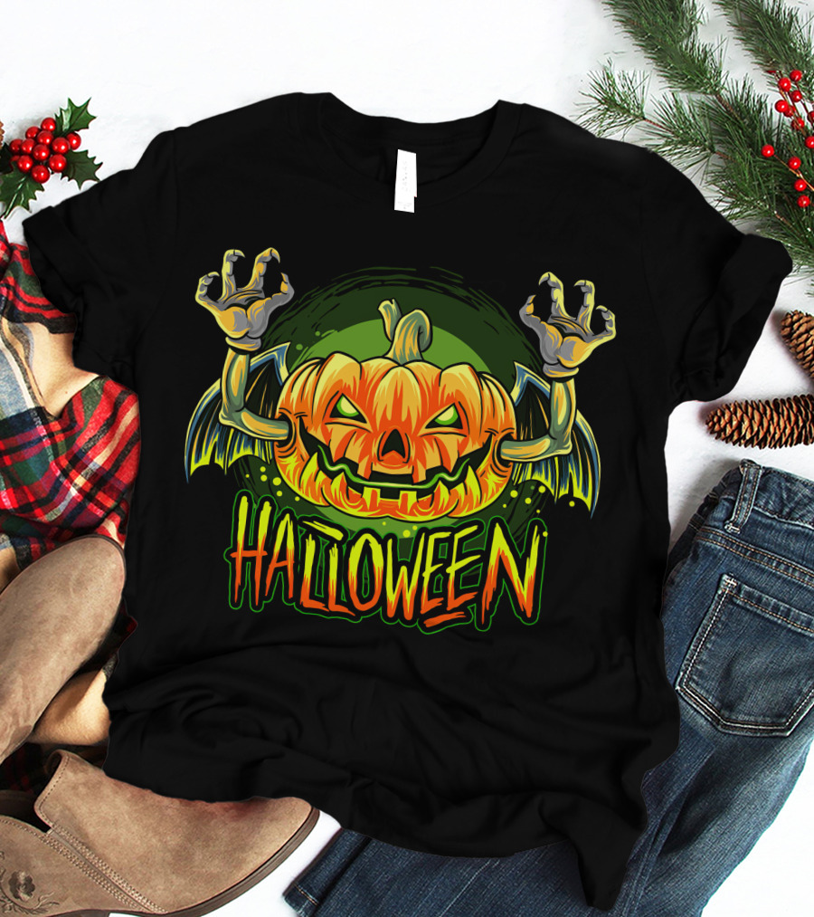 Halloween Pumpkin With Bat Wings And Zombie Hands T-Shirt