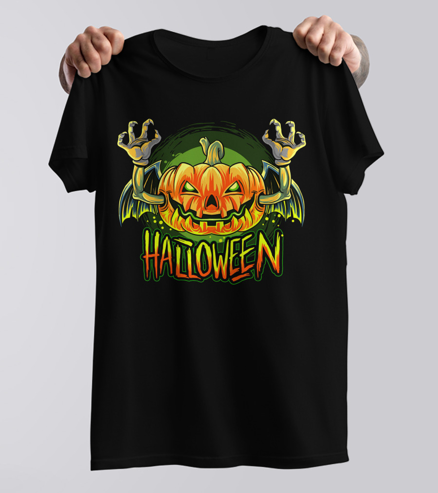 Halloween Pumpkin With Bat Wings And Zombie Hands T-Shirt
