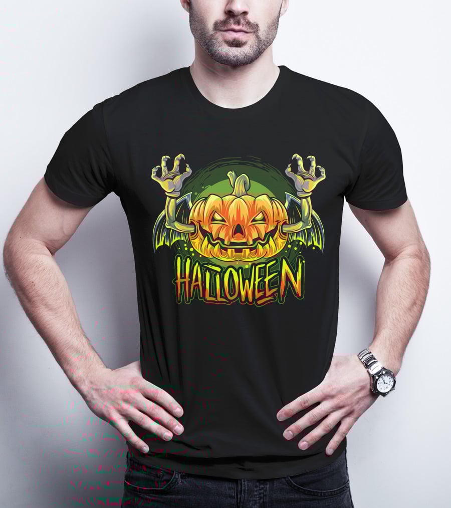 Halloween Pumpkin With Bat Wings And Zombie Hands T-Shirt