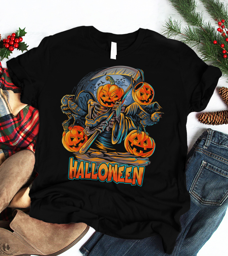 Grim Reaper Jack-O'-Lantern With Scythe And Ravens Halloween Scene T-Shirt