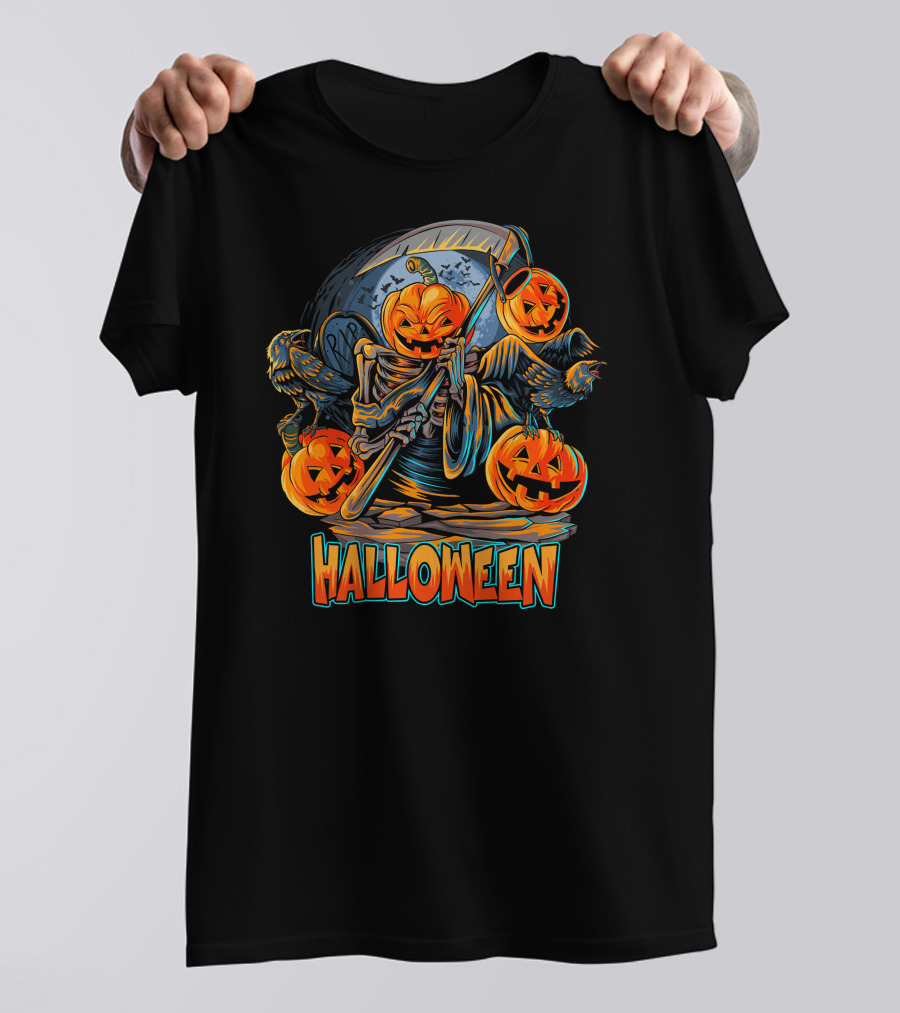Grim Reaper Jack-O'-Lantern With Scythe And Ravens Halloween Scene T-Shirt