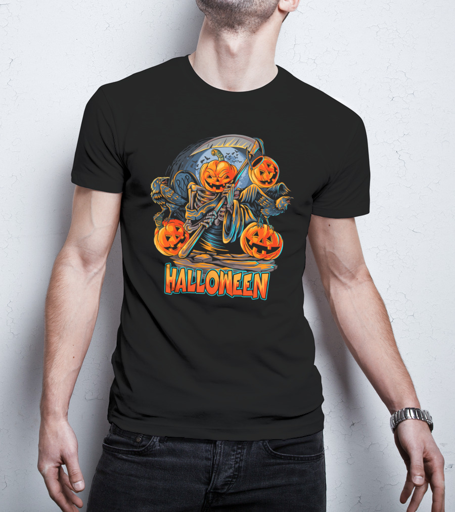 Grim Reaper Jack-O'-Lantern With Scythe And Ravens Halloween Scene T-Shirt