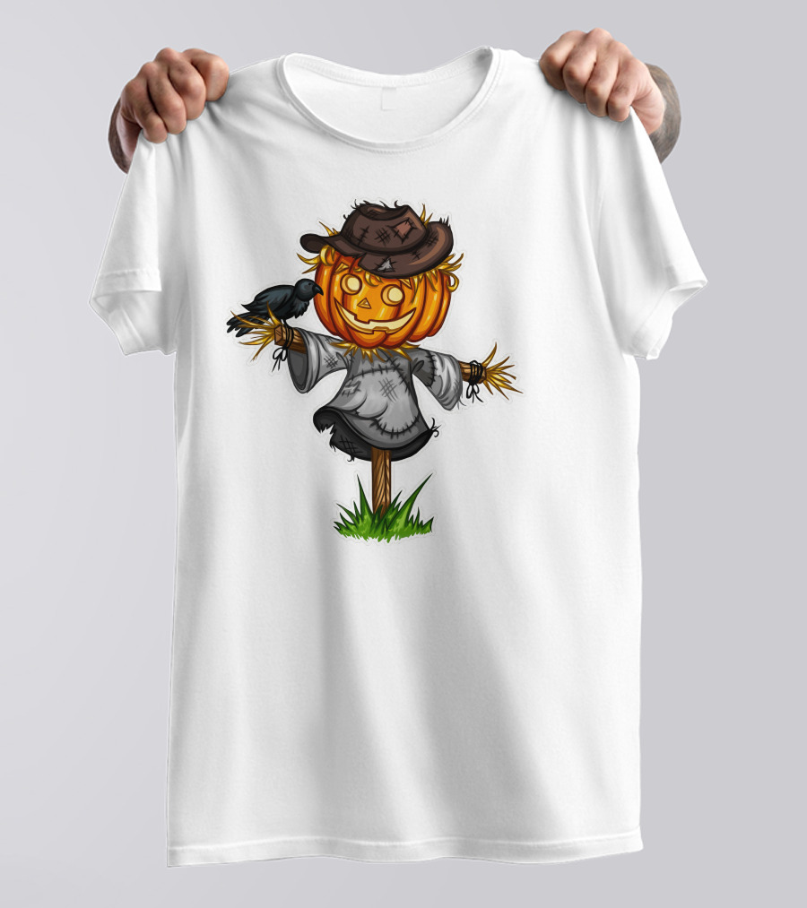 Scarecrow Halloween Pumpkin Head With Crow And Tattered Hat T-Shirt