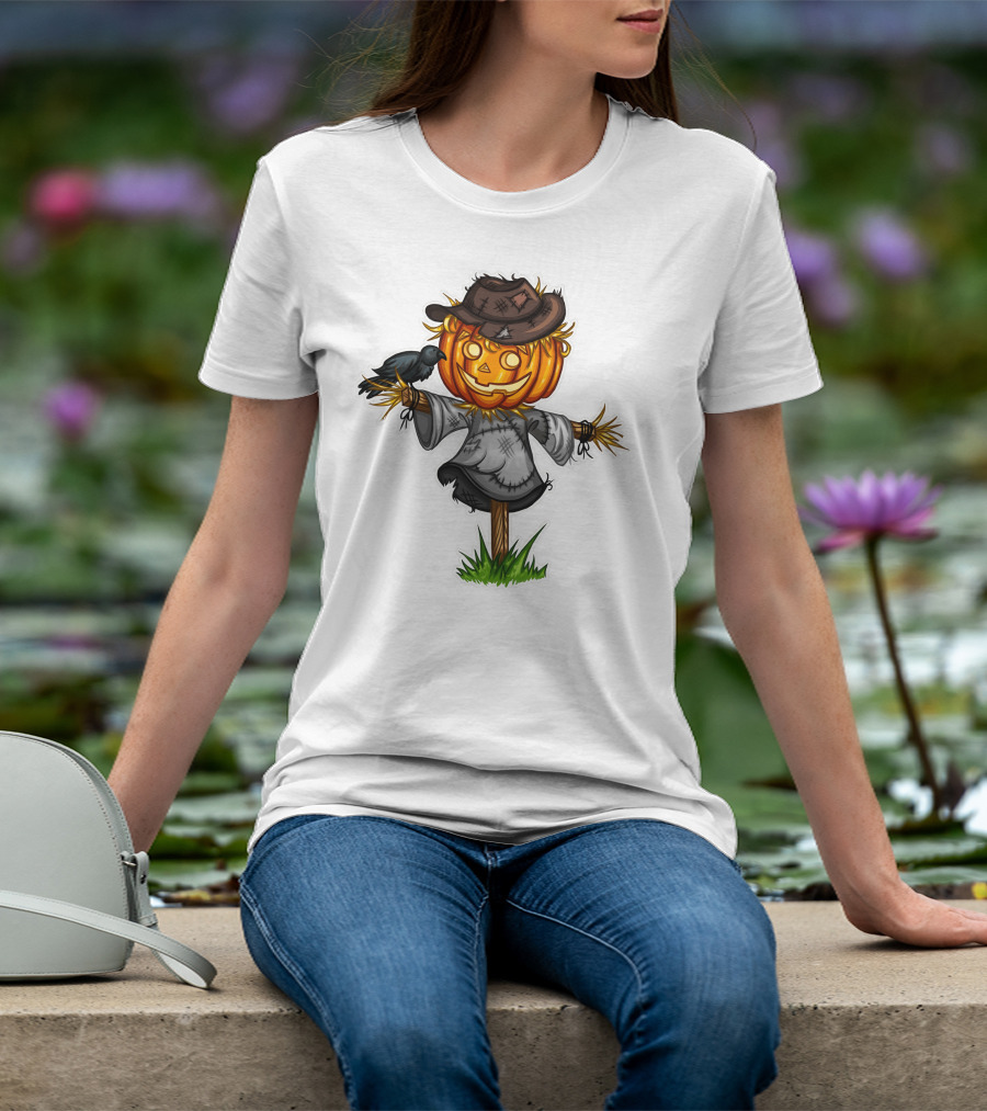 Scarecrow Halloween Pumpkin Head With Crow And Tattered Hat T-Shirt