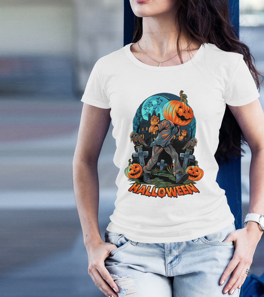 Spooky Halloween Pumpkin Head Costume With Haunted House And Bats T-Shirt