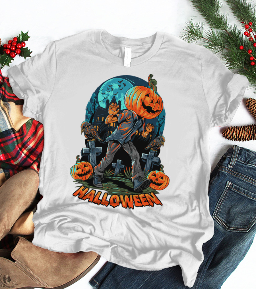 Spooky Halloween Pumpkin Head Costume With Haunted House And Bats T-Shirt