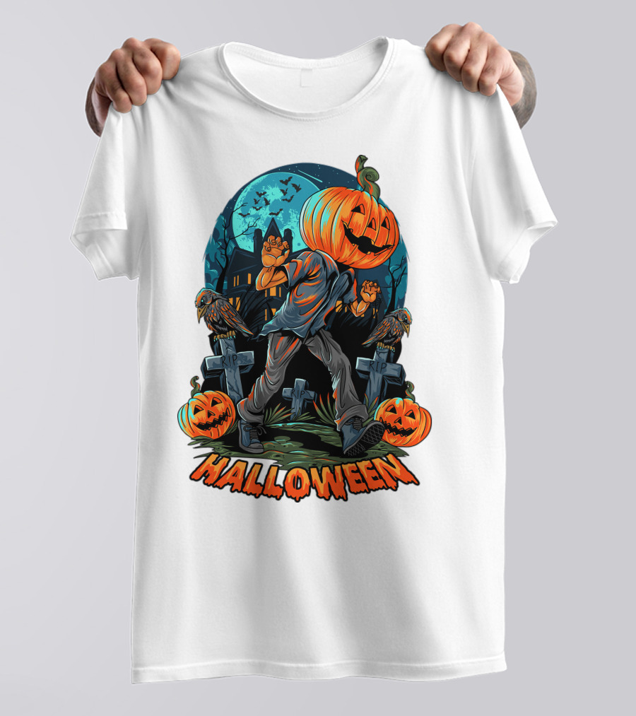 Spooky Halloween Pumpkin Head Costume With Haunted House And Bats T-Shirt