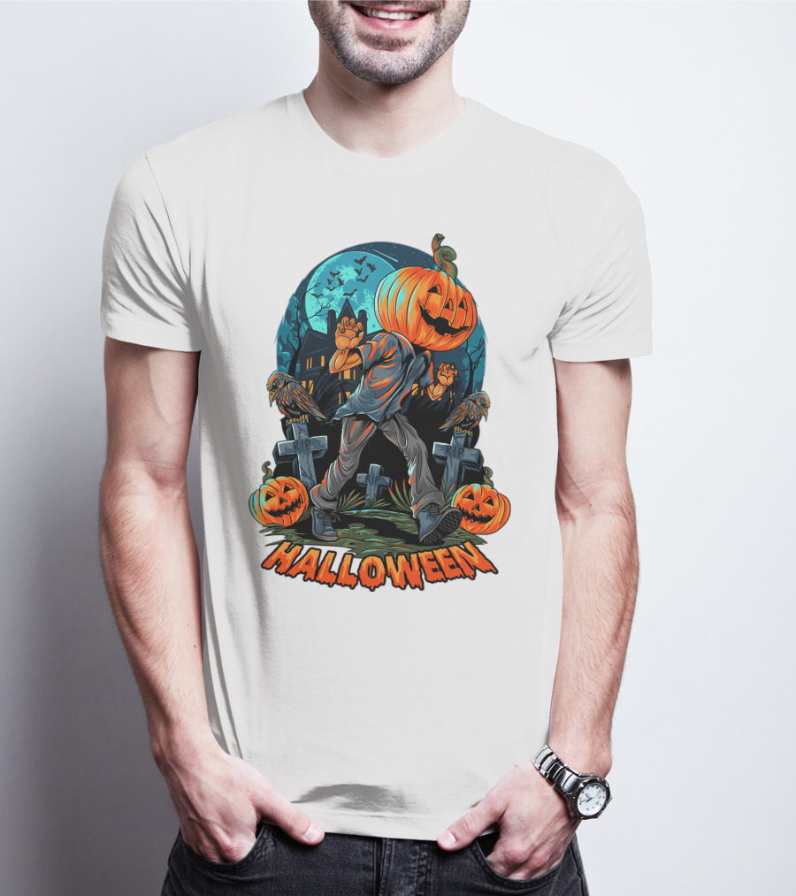 Spooky Halloween Pumpkin Head Costume With Haunted House And Bats T-Shirt