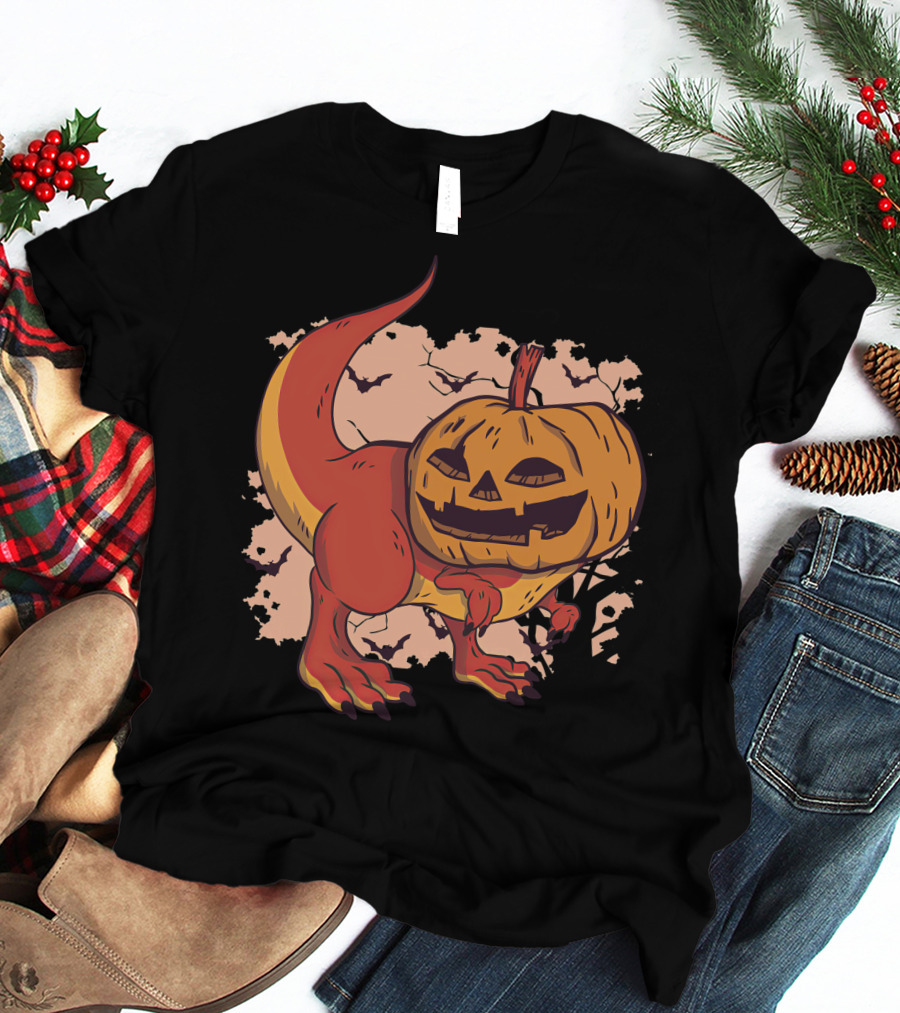 Pumpkin-Head Dinosaur With Jack-O'-Lantern Face And Creepy Background T-Shirt