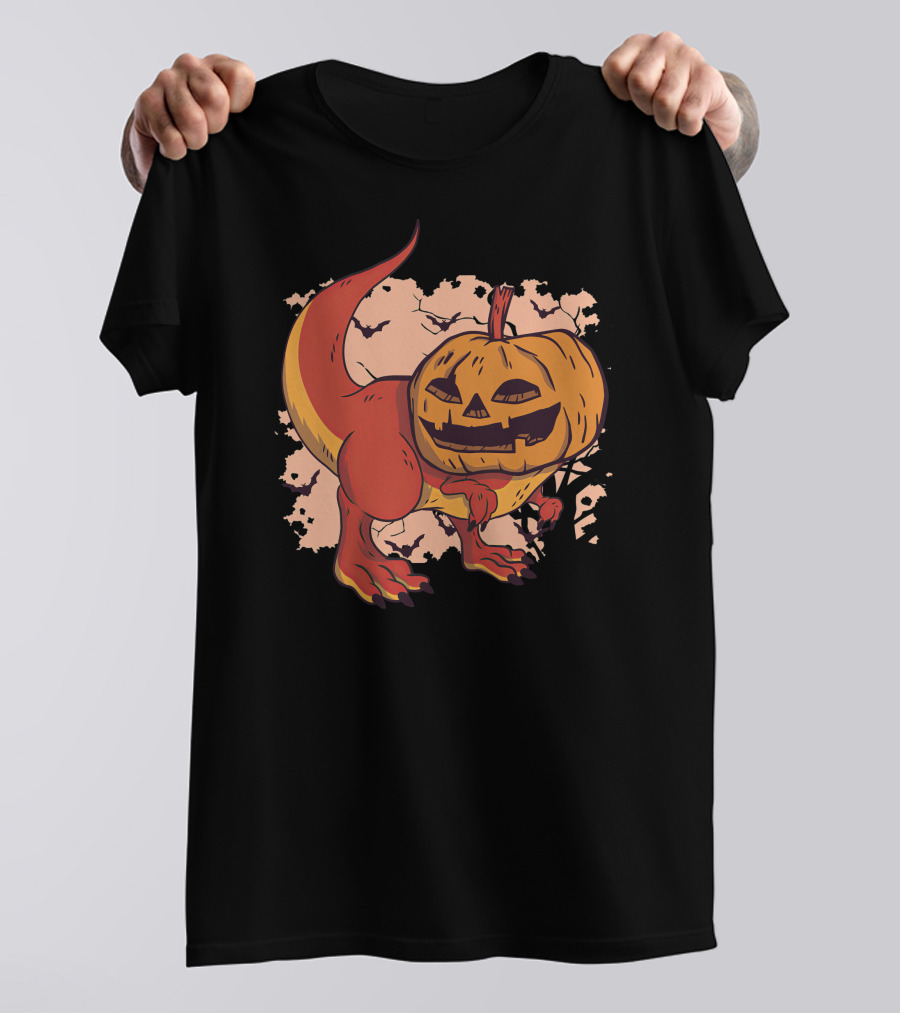 Pumpkin-Head Dinosaur With Jack-O'-Lantern Face And Creepy Background T-Shirt
