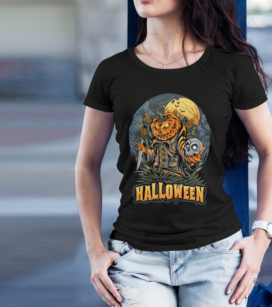 Halloween Pumpkin Head With Knife And Skull In Cornfield Scene T-Shirt