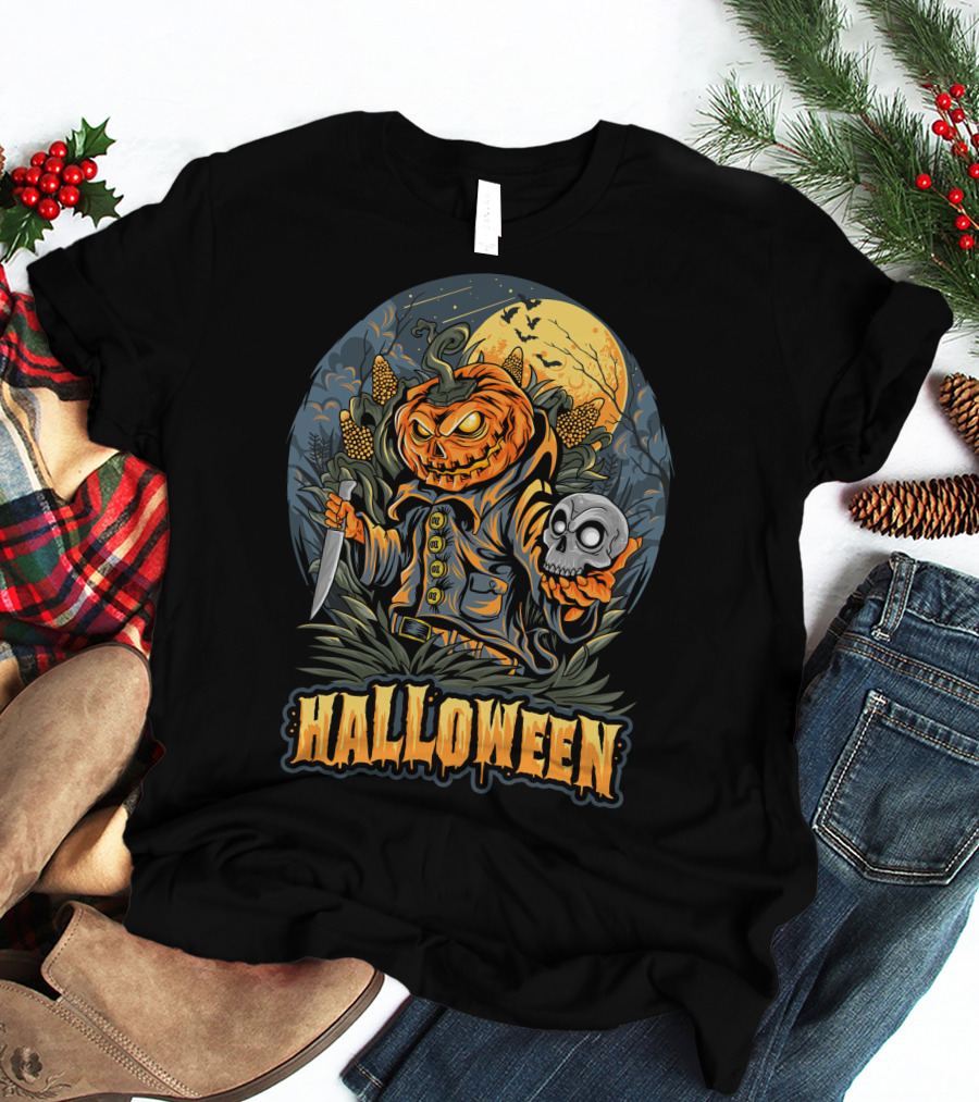 Halloween Pumpkin Head With Knife And Skull In Cornfield Scene T-Shirt