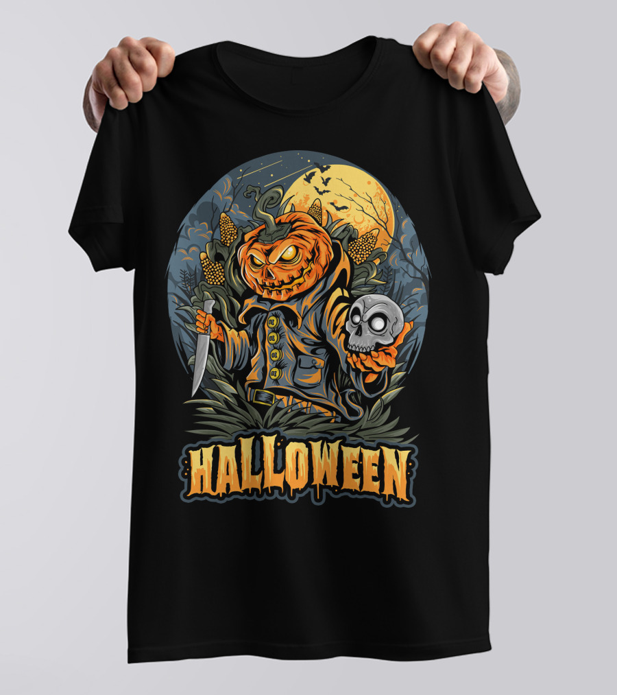 Halloween Pumpkin Head With Knife And Skull In Cornfield Scene T-Shirt