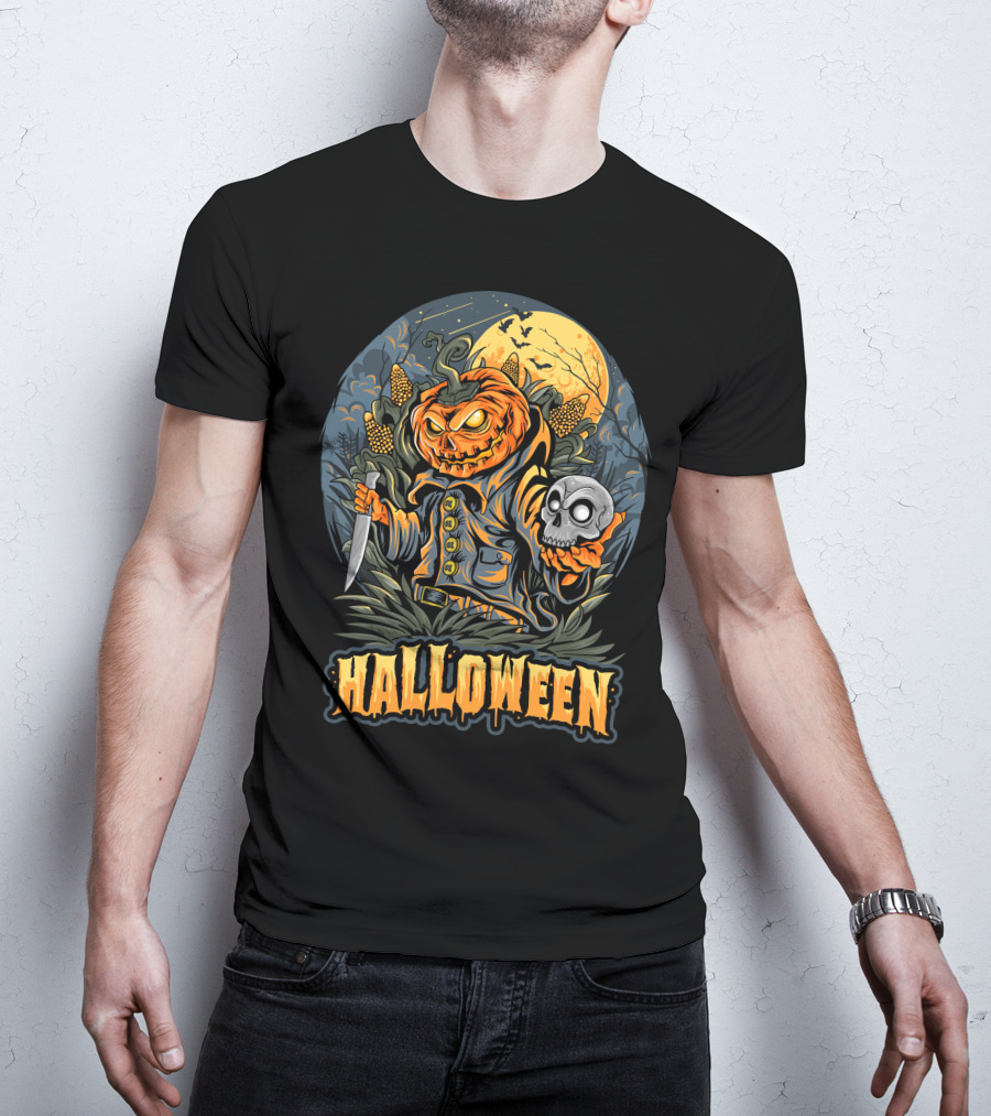 Halloween Pumpkin Head With Knife And Skull In Cornfield Scene T-Shirt