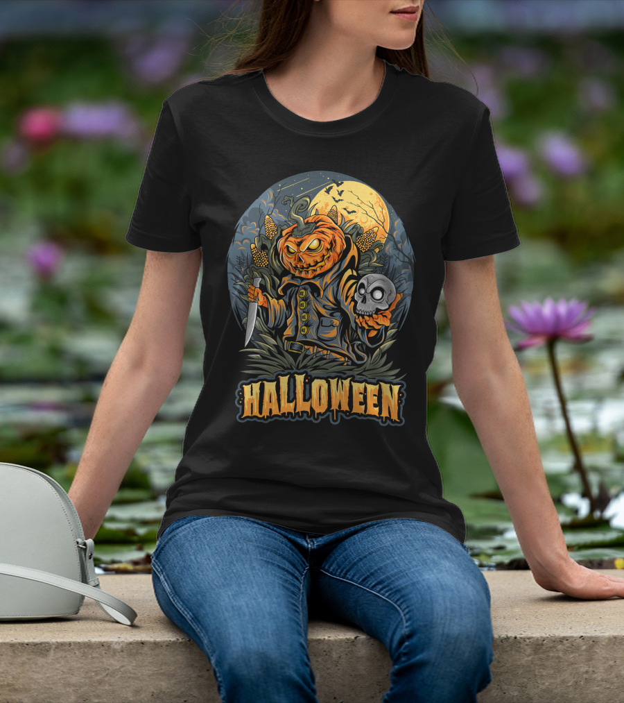 Halloween Pumpkin Head With Knife And Skull In Cornfield Scene T-Shirt