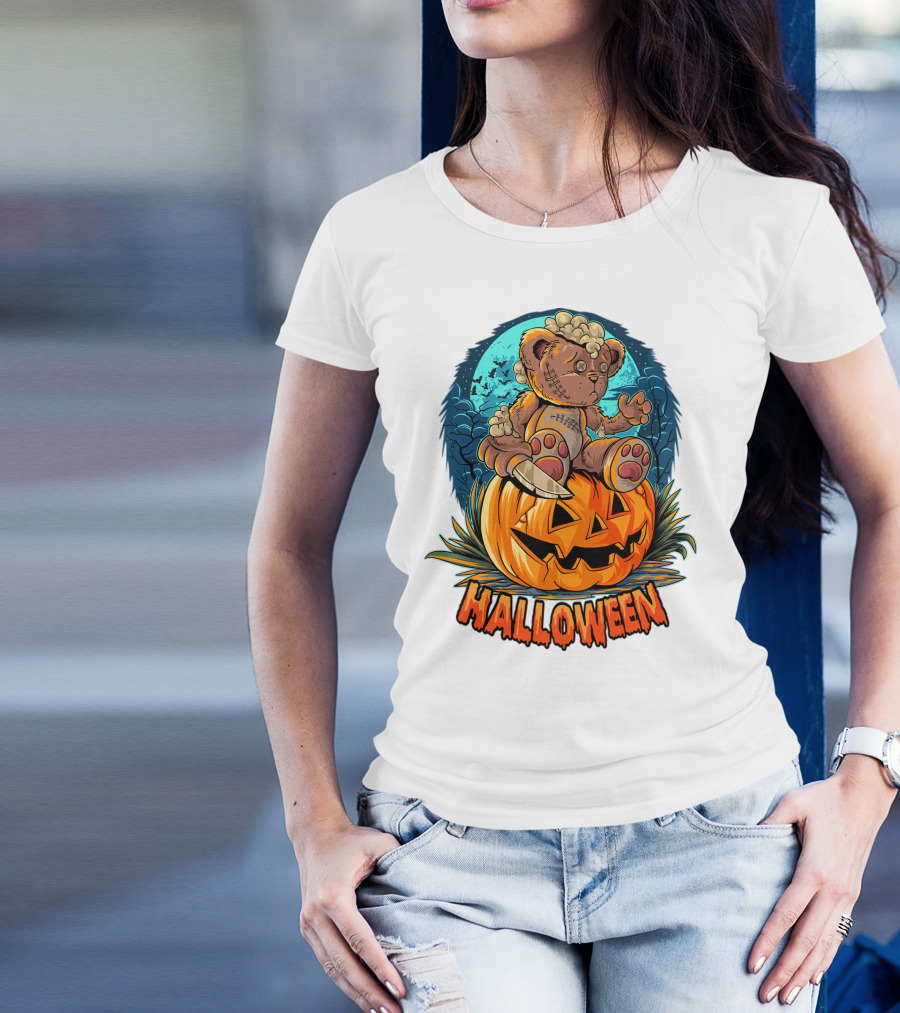 Halloween Teddy Bear On Pumpkin With Moon And Bats T-Shirt