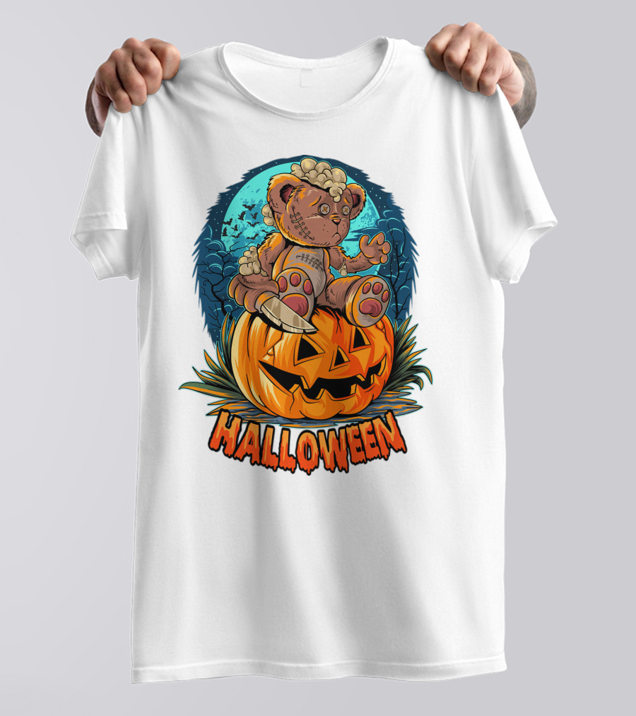 Halloween Teddy Bear On Pumpkin With Moon And Bats T-Shirt