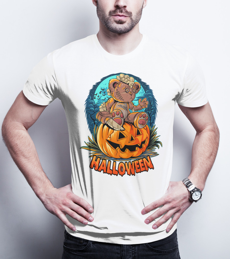 Halloween Teddy Bear On Pumpkin With Moon And Bats T-Shirt