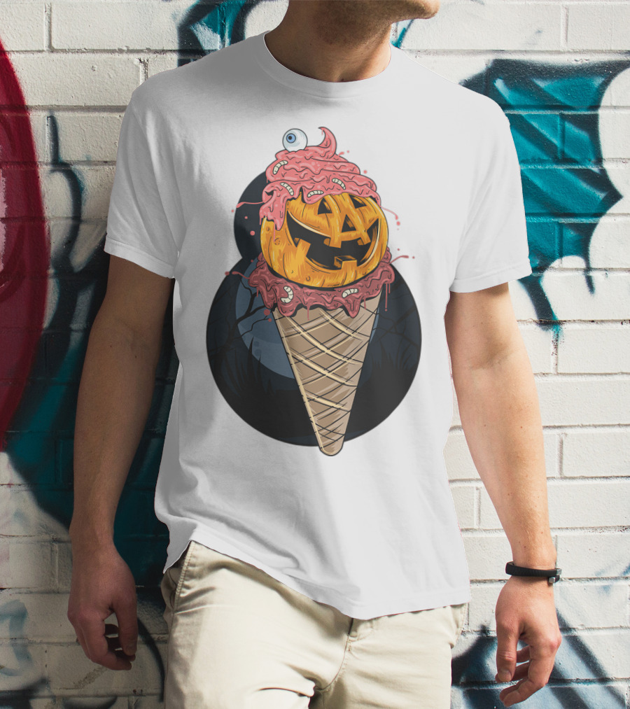 Ice Cream Pumpkin Creepy Cone Halloween Mashup T-Shirt