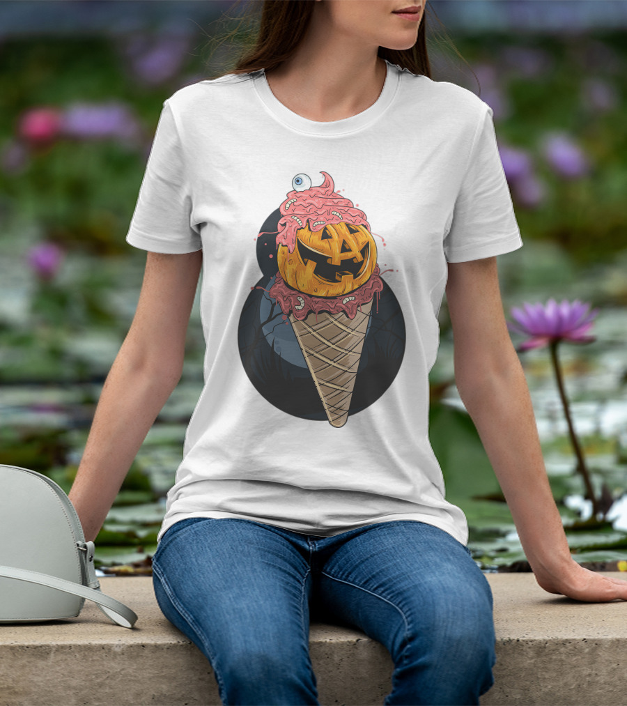 Ice Cream Pumpkin Creepy Cone Halloween Mashup T-Shirt