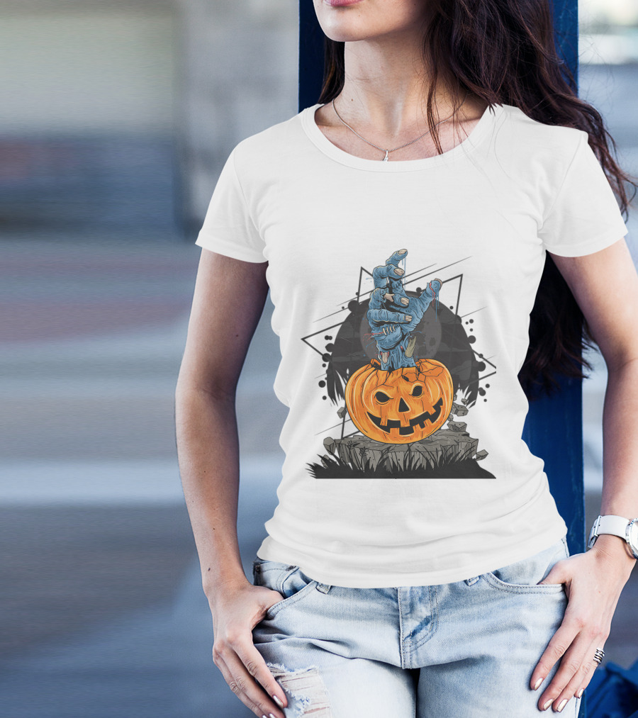 Zombie Hand Emerging From Pumpkin With Spooky Halloween Moon Background T-Shirt