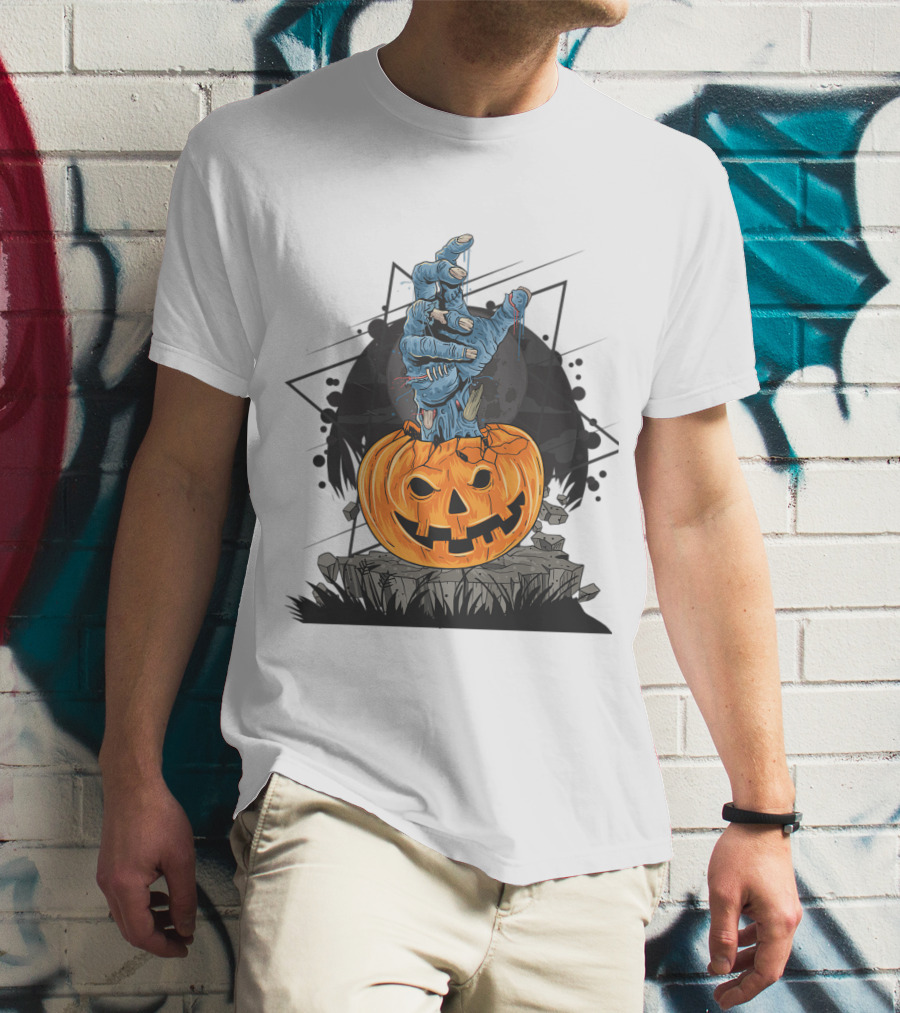 Zombie Hand Emerging From Pumpkin With Spooky Halloween Moon Background T-Shirt