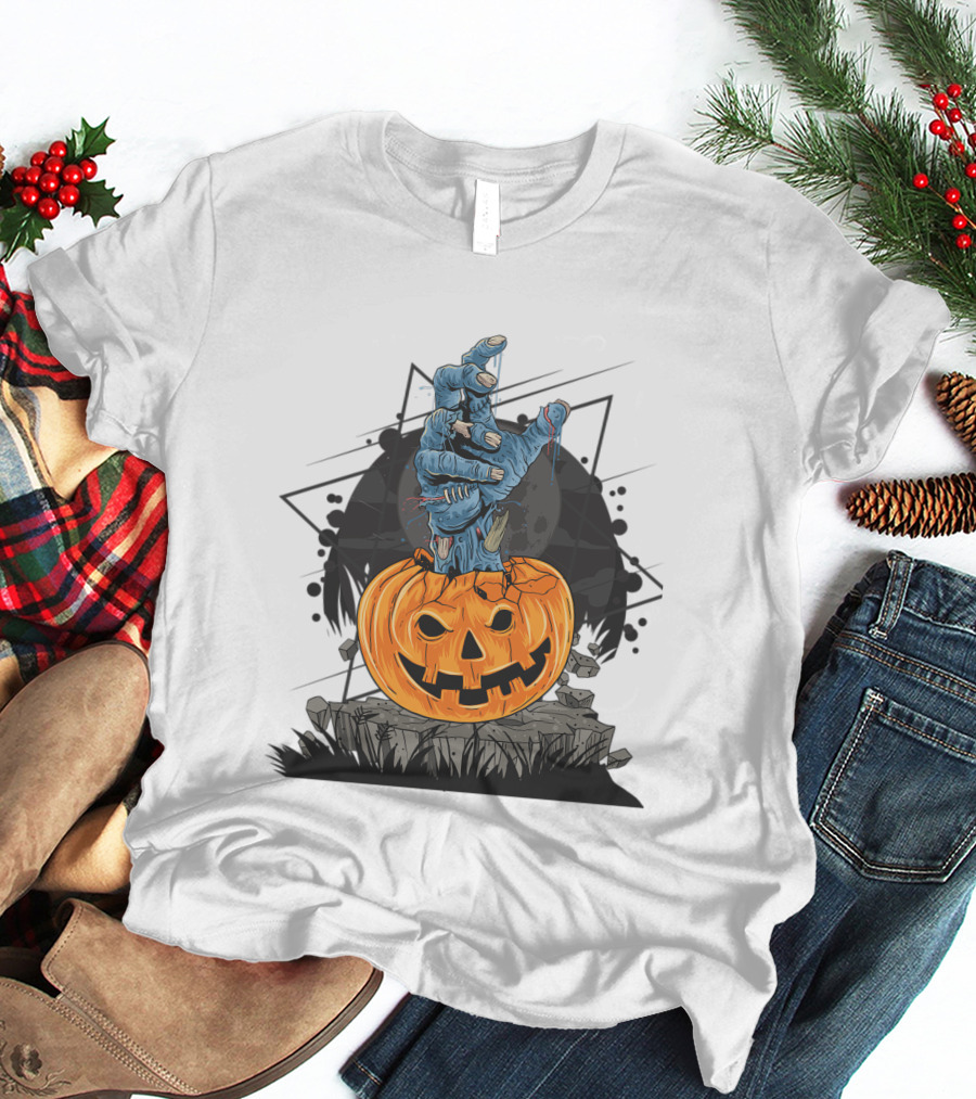 Zombie Hand Emerging From Pumpkin With Spooky Halloween Moon Background T-Shirt