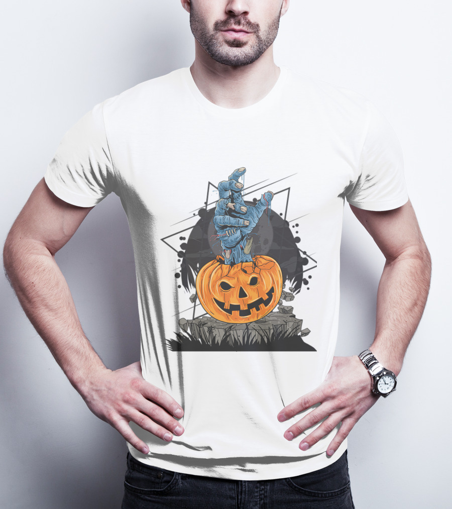 Zombie Hand Emerging From Pumpkin With Spooky Halloween Moon Background T-Shirt