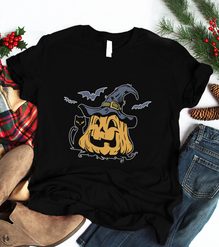 Pumpkin Black Cat Witch Hat Bats Everyday Is Halloween T-Shirt