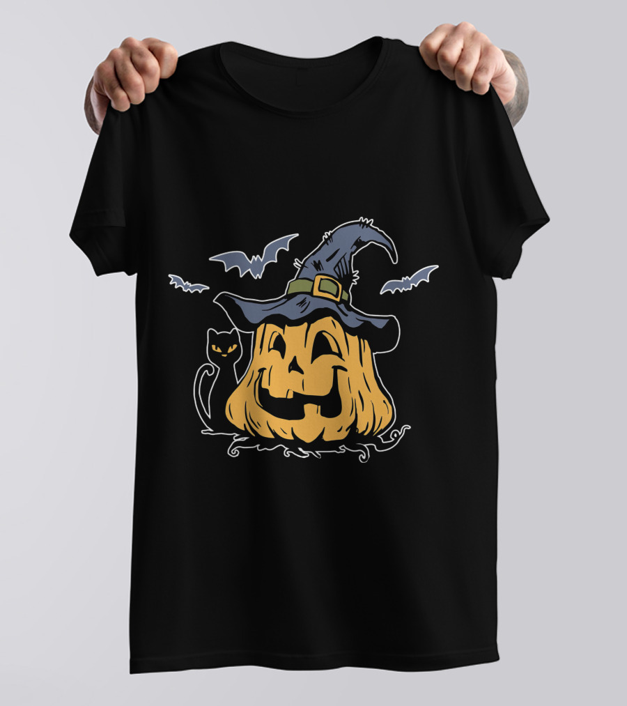 Pumpkin Black Cat Witch Hat Bats Everyday Is Halloween T-Shirt